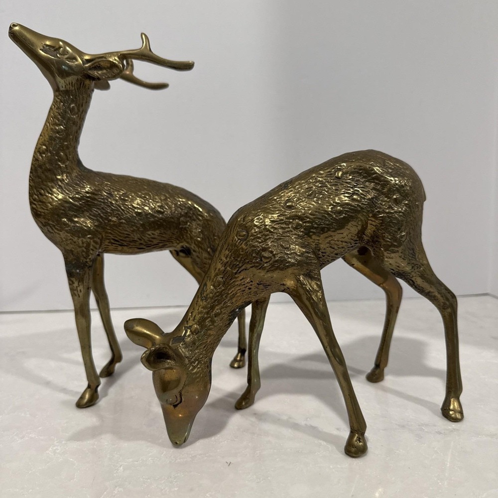 Vintage Large Brass Deer Buck And Doe Figurines Solid MCM